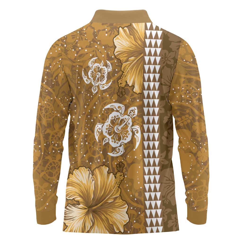 Gold Hibiscus Turle Long Sleeve Polo Shirt Hawaiian Style Tribal Tapa Pattern LT9 - Polynesian Pride