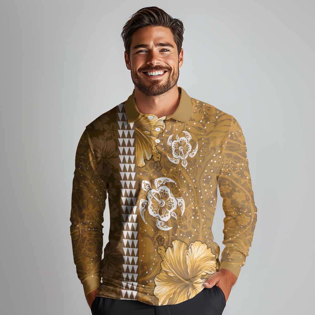 Gold Hibiscus Turle Long Sleeve Polo Shirt Hawaiian Style Tribal Tapa Pattern LT9 - Polynesian Pride