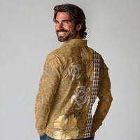 Gold Hibiscus Turle Long Sleeve Polo Shirt Hawaiian Style Tribal Tapa Pattern LT9 - Polynesian Pride
