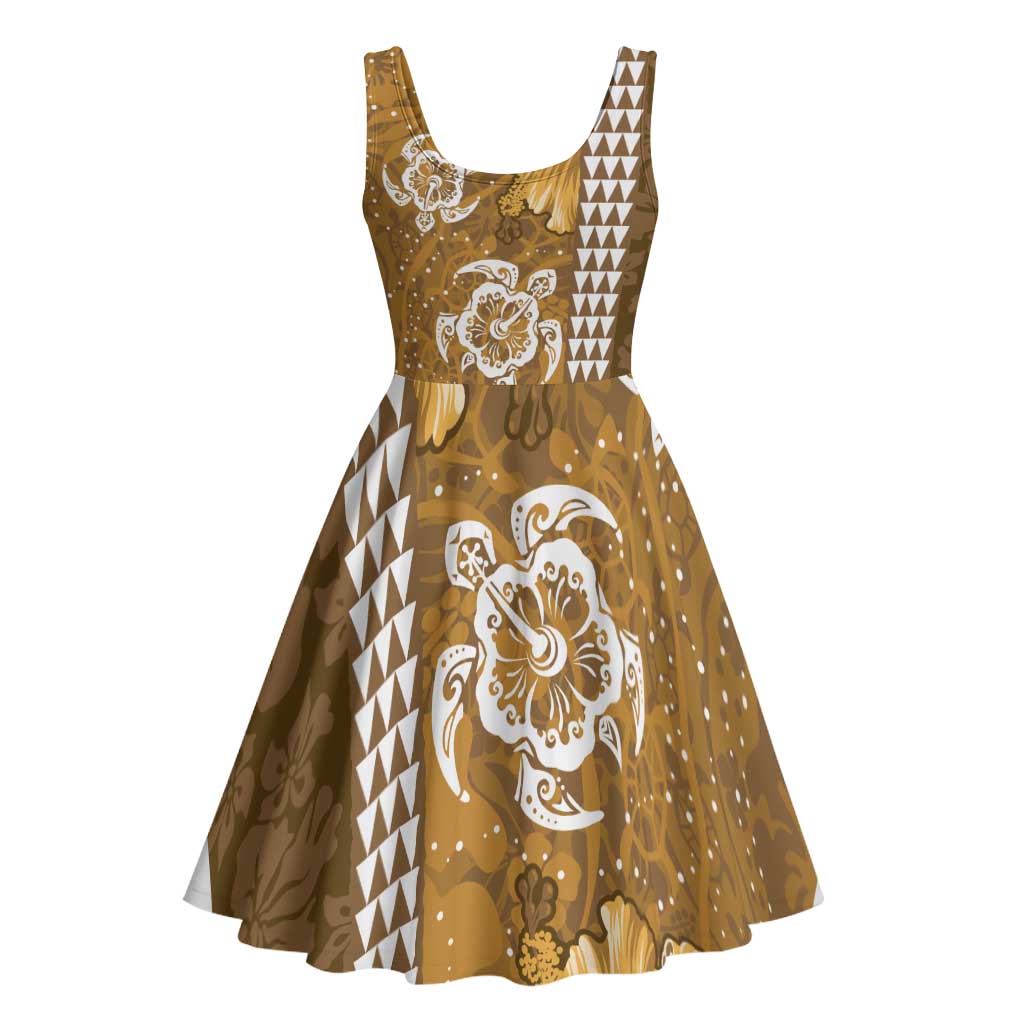 Gold Hibiscus Turle Midi Dress Hawaiian Style Tribal Tapa Pattern - Polynesian Pride
