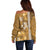 Gold Hibiscus Turle Off Shoulder Sweater Hawaiian Style Tribal Tapa Pattern