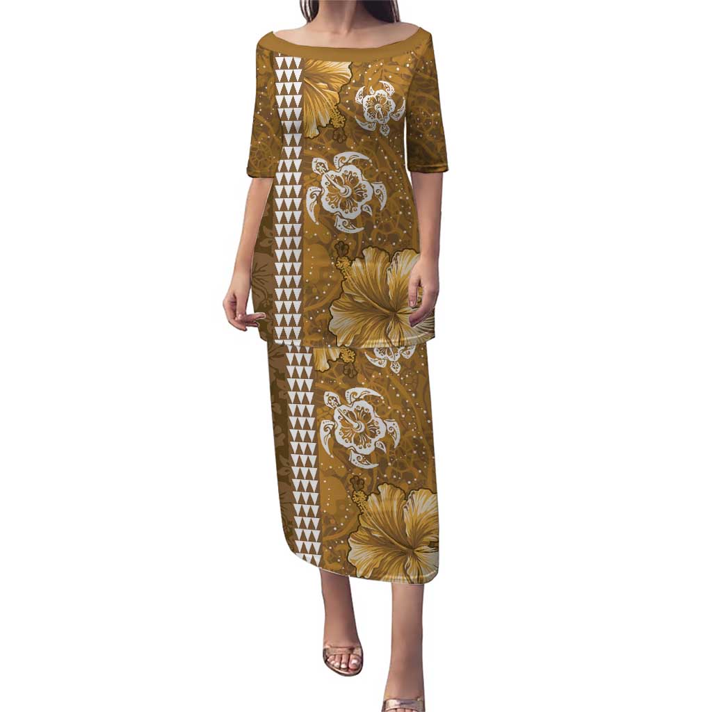 Gold Hibiscus Turle Puletasi Hawaiian Style Tribal Tapa Pattern LT9 Long Dress Gold - Polynesian Pride