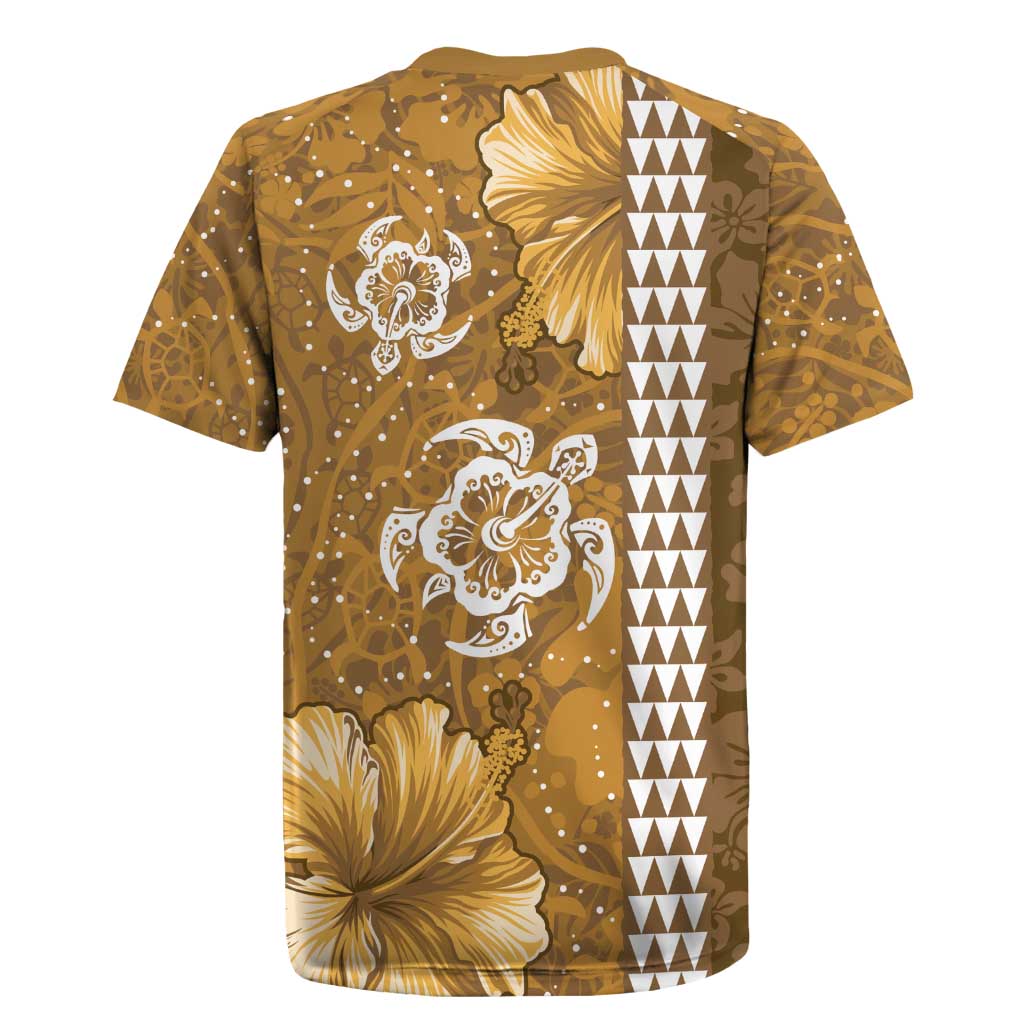 Gold Hibiscus Turle Rugby Jersey Hawaiian Style Tribal Tapa Pattern