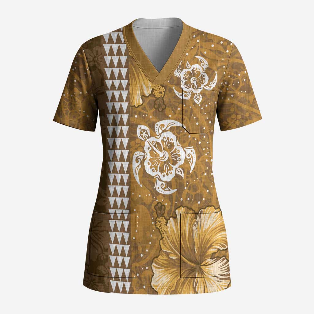 Gold Hibiscus Turle Scrub Top Hawaiian Style Tribal Tapa Pattern LT9 Adult Gold - Polynesian Pride