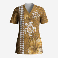 Gold Hibiscus Turle Scrub Top Hawaiian Style Tribal Tapa Pattern LT9 Adult Gold - Polynesian Pride