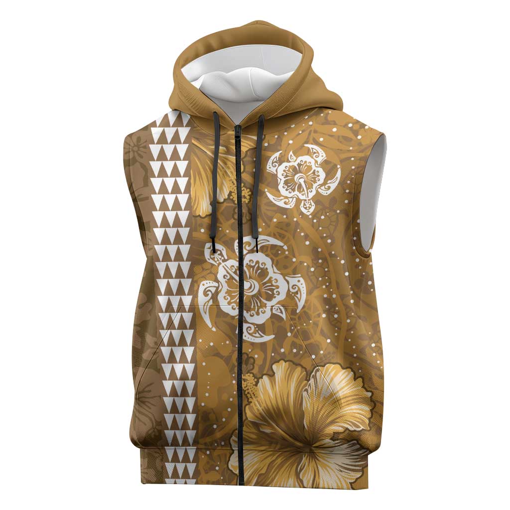 Gold Hibiscus Turle Sleeveless Zip Hoodie Hawaiian Style Tribal Tapa Pattern - Polynesian Pride