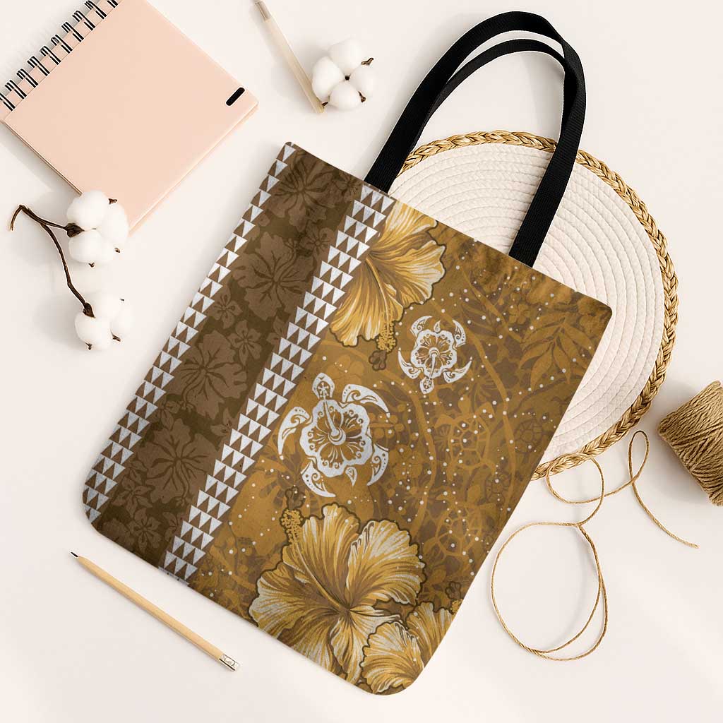 Gold Hibiscus Turle Tote Bag Hawaiian Style Tribal Tapa Pattern - Polynesian Pride