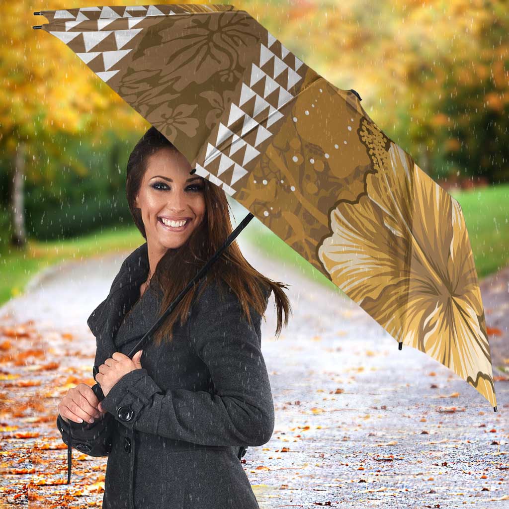 Gold Hibiscus Turle Umbrella Hawaiian Style Tribal Tapa Pattern - Polynesian Pride