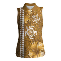 Gold Hibiscus Turle Women Sleeveless Polo Shirt Hawaiian Style Tribal Tapa Pattern LT9 Female Gold - Polynesian Pride