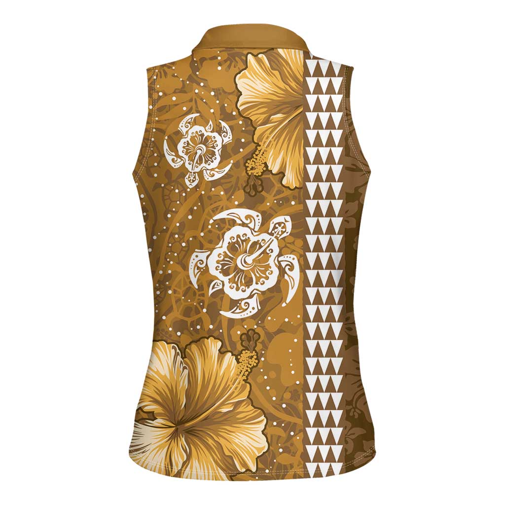 Gold Hibiscus Turle Women Sleeveless Polo Shirt Hawaiian Style Tribal Tapa Pattern LT9 - Polynesian Pride