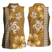 Gold Hibiscus Turle Women Sleeveless Polo Shirt Hawaiian Style Tribal Tapa Pattern LT9 - Polynesian Pride