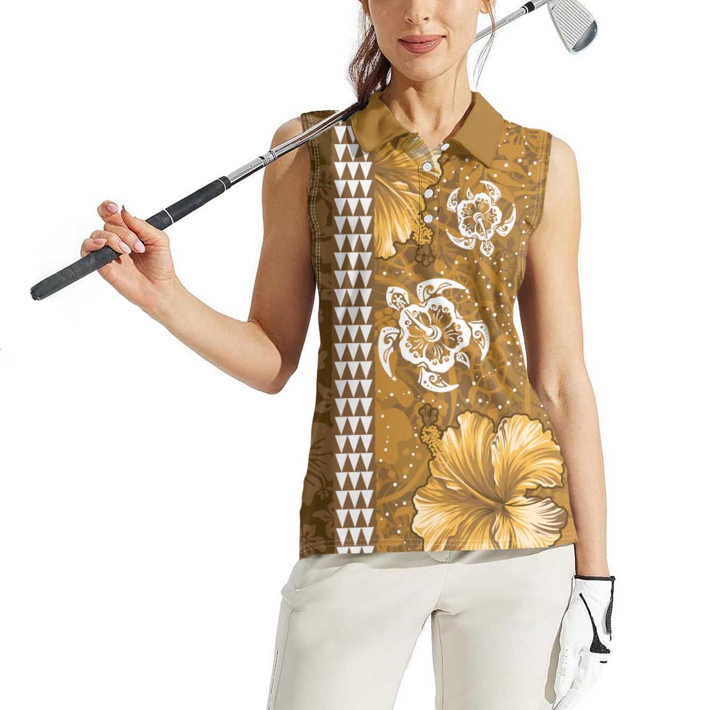 Gold Hibiscus Turle Women Sleeveless Polo Shirt Hawaiian Style Tribal Tapa Pattern LT9 - Polynesian Pride