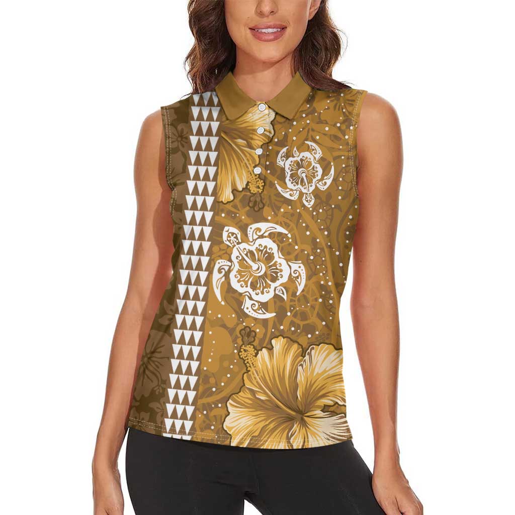 Gold Hibiscus Turle Women Sleeveless Polo Shirt Hawaiian Style Tribal Tapa Pattern LT9 - Polynesian Pride