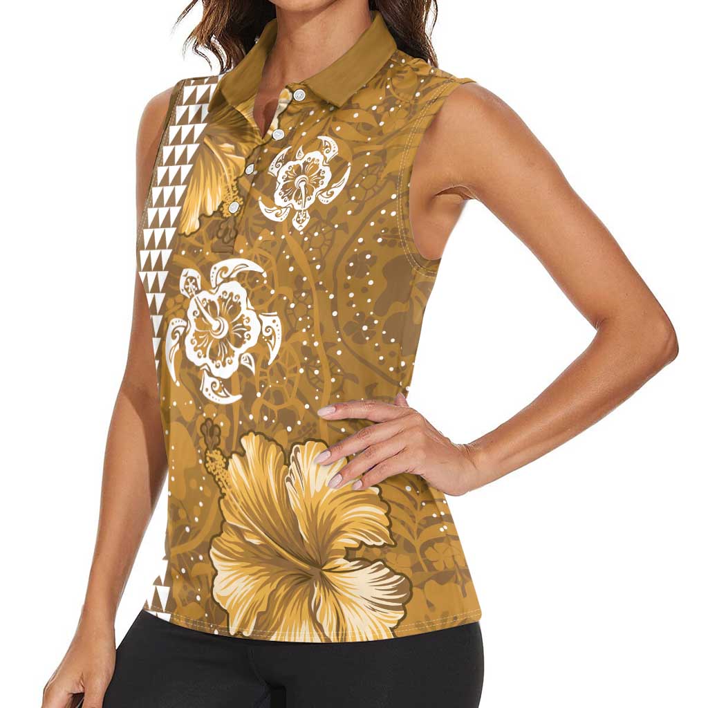 Gold Hibiscus Turle Women Sleeveless Polo Shirt Hawaiian Style Tribal Tapa Pattern LT9 - Polynesian Pride