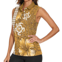 Gold Hibiscus Turle Women Sleeveless Polo Shirt Hawaiian Style Tribal Tapa Pattern LT9 - Polynesian Pride