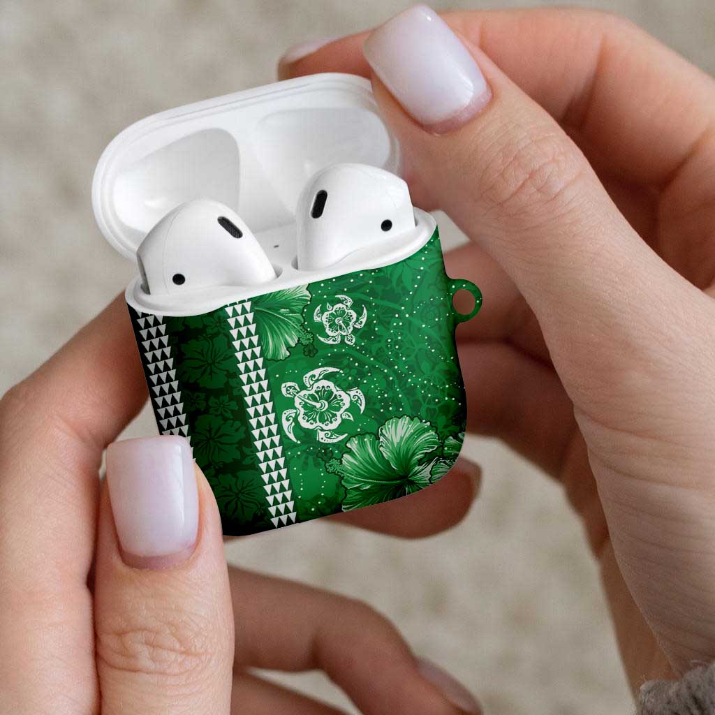 Green Hibiscus Turle AirPods Case Hawaiian Style Tribal Tapa Pattern - Polynesian Pride