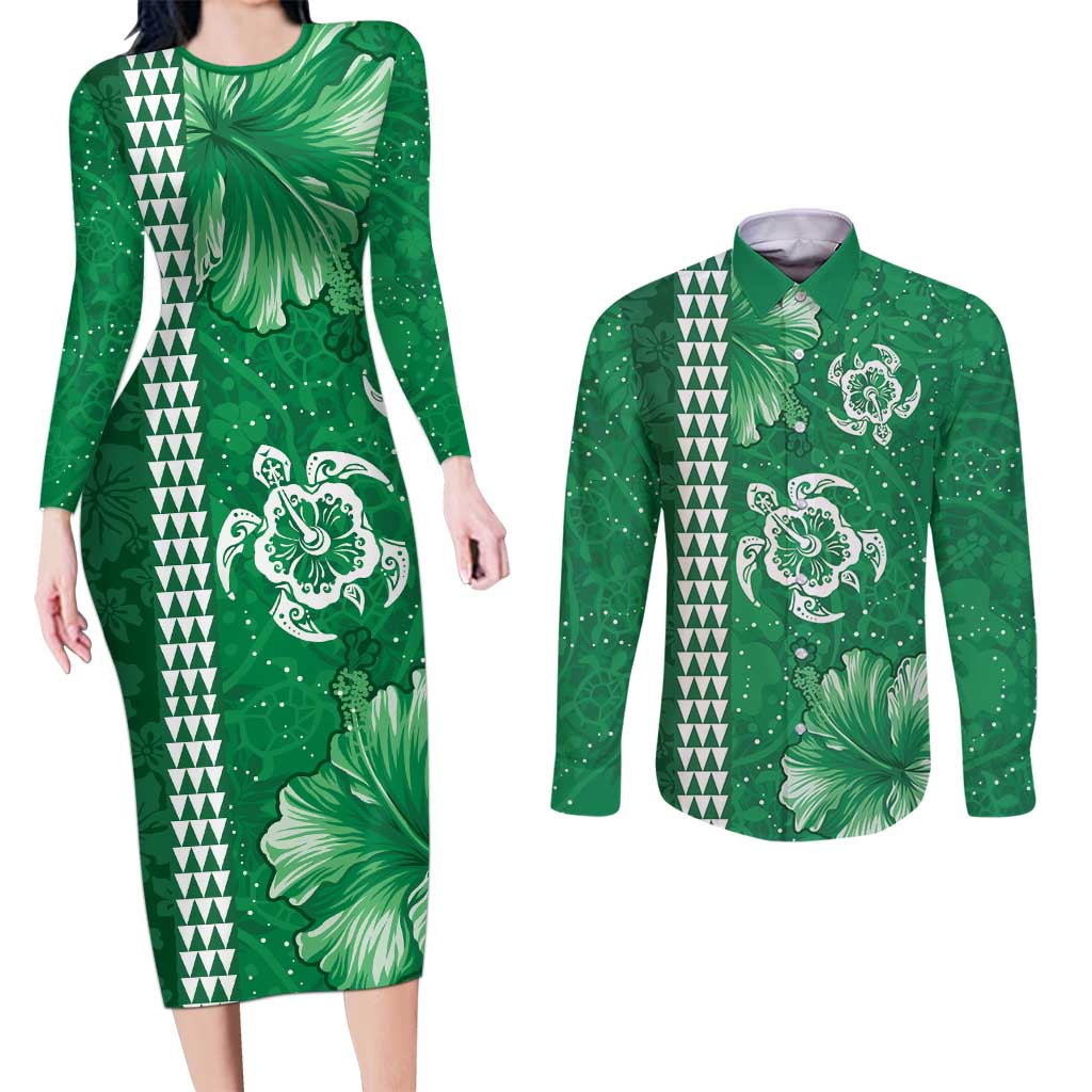 Green Hibiscus Turle Couples Matching Long Sleeve Bodycon Dress and Long Sleeve Button Shirt Hawaiian Style Tribal Tapa Pattern LT9 Green - Polynesian Pride