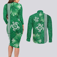 Green Hibiscus Turle Couples Matching Long Sleeve Bodycon Dress and Long Sleeve Button Shirt Hawaiian Style Tribal Tapa Pattern LT9 - Polynesian Pride