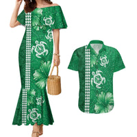Green Hibiscus Turle Couples Matching Mermaid Dress and Hawaiian Shirt Hawaiian Style Tribal Tapa Pattern LT9 Green - Polynesian Pride