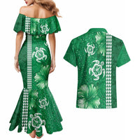 Green Hibiscus Turle Couples Matching Mermaid Dress and Hawaiian Shirt Hawaiian Style Tribal Tapa Pattern LT9 - Polynesian Pride