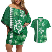 Green Hibiscus Turle Couples Matching Off Shoulder Short Dress and Hawaiian Shirt Hawaiian Style Tribal Tapa Pattern LT9 Green - Polynesian Pride