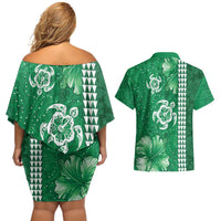 Green Hibiscus Turle Couples Matching Off Shoulder Short Dress and Hawaiian Shirt Hawaiian Style Tribal Tapa Pattern LT9 - Polynesian Pride