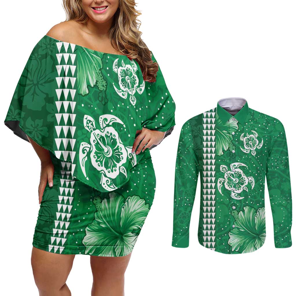 Green Hibiscus Turle Couples Matching Off Shoulder Short Dress and Long Sleeve Button Shirt Hawaiian Style Tribal Tapa Pattern LT9 Green - Polynesian Pride
