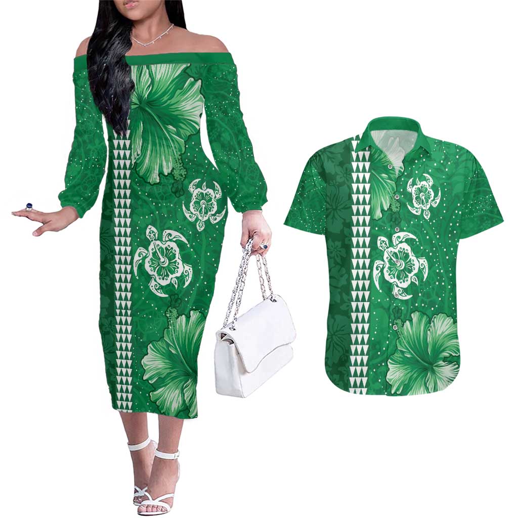 Green Hibiscus Turle Couples Matching Off The Shoulder Long Sleeve Dress and Hawaiian Shirt Hawaiian Style Tribal Tapa Pattern LT9 Green - Polynesian Pride