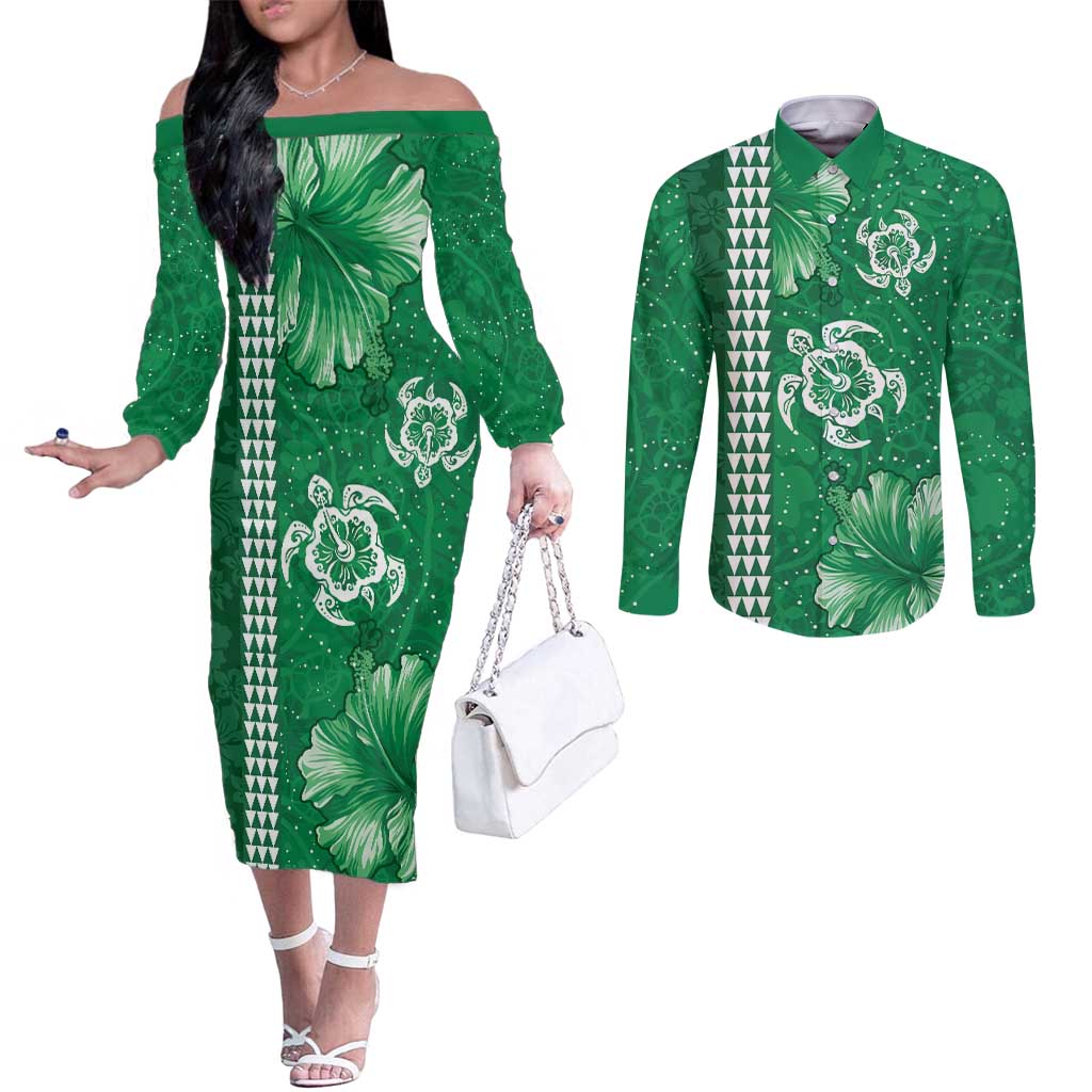 Green Hibiscus Turle Couples Matching Off The Shoulder Long Sleeve Dress and Long Sleeve Button Shirt Hawaiian Style Tribal Tapa Pattern LT9 Green - Polynesian Pride