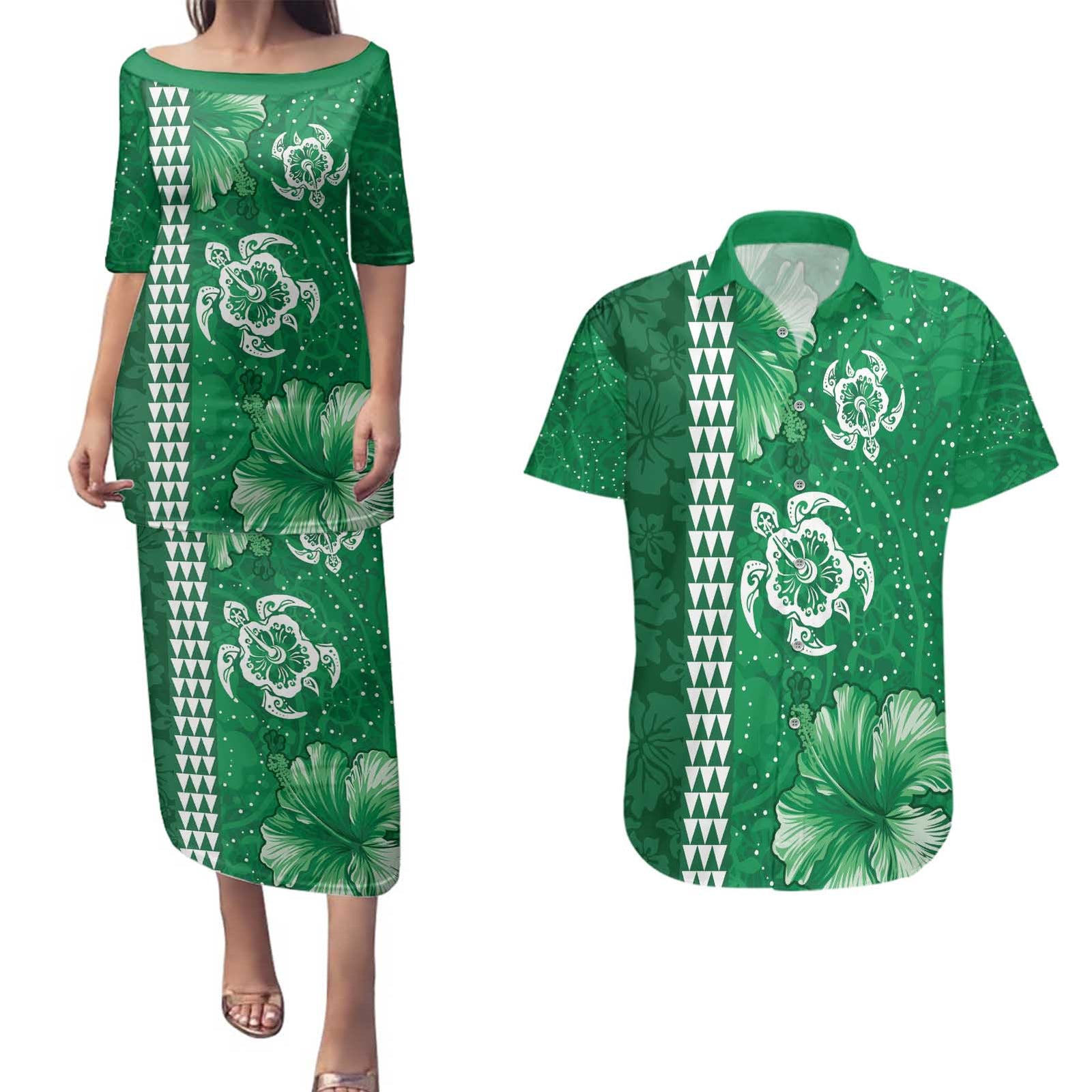 Green Hibiscus Turle Couples Matching Puletasi and Hawaiian Shirt Hawaiian Style Tribal Tapa Pattern