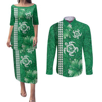 Green Hibiscus Turle Couples Matching Puletasi and Long Sleeve Button Shirt Hawaiian Style Tribal Tapa Pattern
