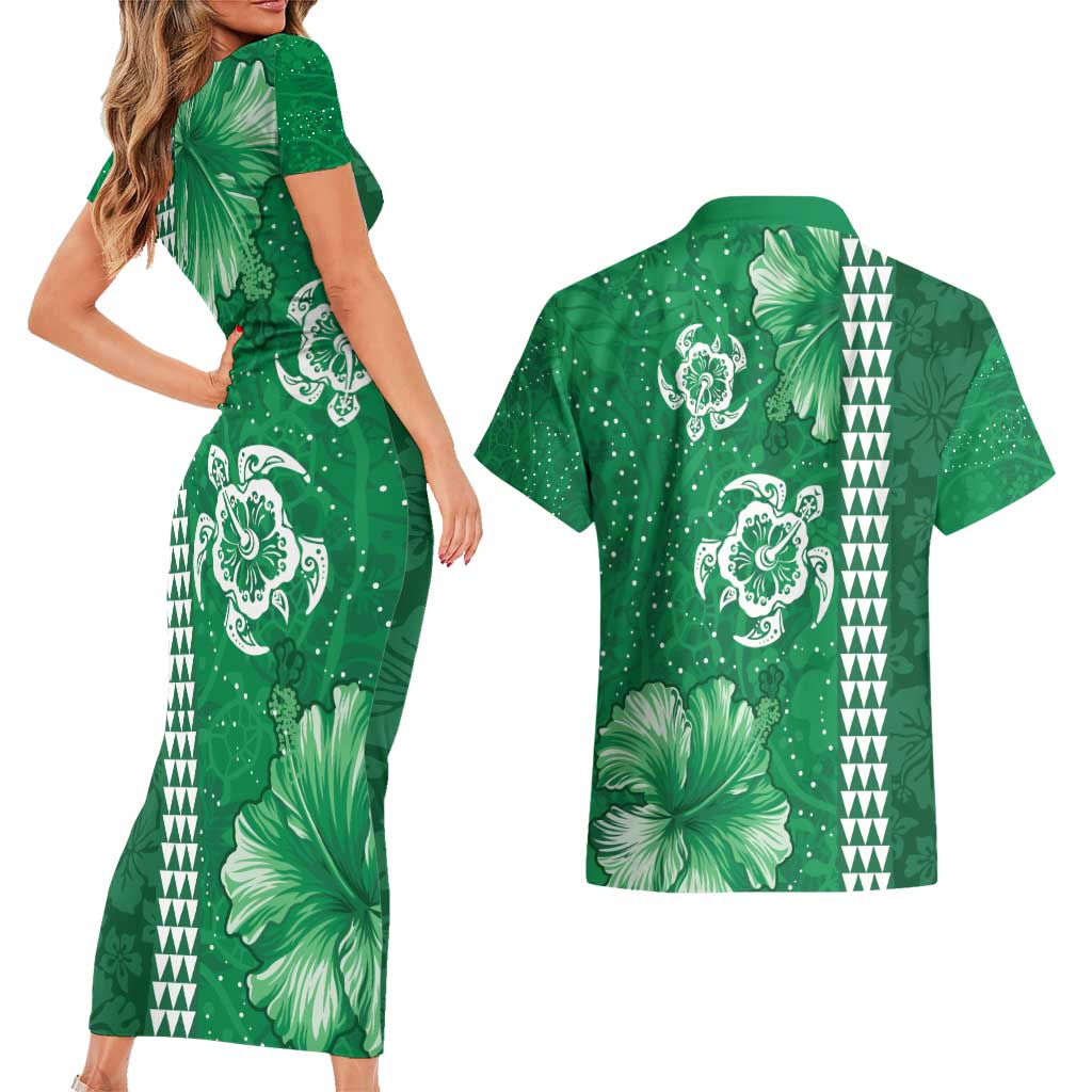 Green Hibiscus Turle Couples Matching Short Sleeve Bodycon Dress and Hawaiian Shirt Hawaiian Style Tribal Tapa Pattern LT9 - Polynesian Pride