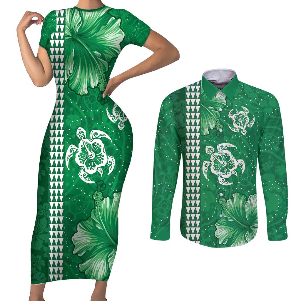 Green Hibiscus Turle Couples Matching Short Sleeve Bodycon Dress and Long Sleeve Button Shirt Hawaiian Style Tribal Tapa Pattern LT9 Green - Polynesian Pride