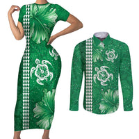 Green Hibiscus Turle Couples Matching Short Sleeve Bodycon Dress and Long Sleeve Button Shirt Hawaiian Style Tribal Tapa Pattern LT9 Green - Polynesian Pride