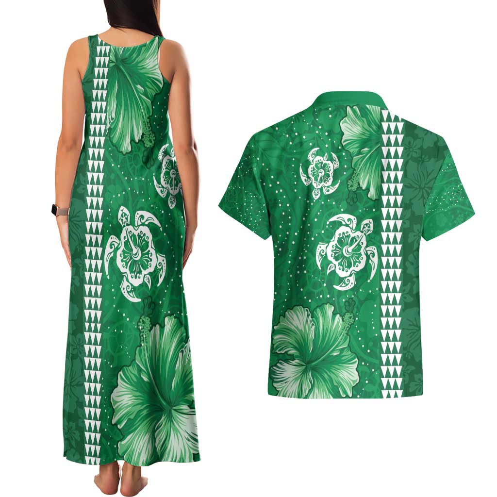 Green Hibiscus Turle Couples Matching Tank Maxi Dress and Hawaiian Shirt Hawaiian Style Tribal Tapa Pattern LT9 - Polynesian Pride