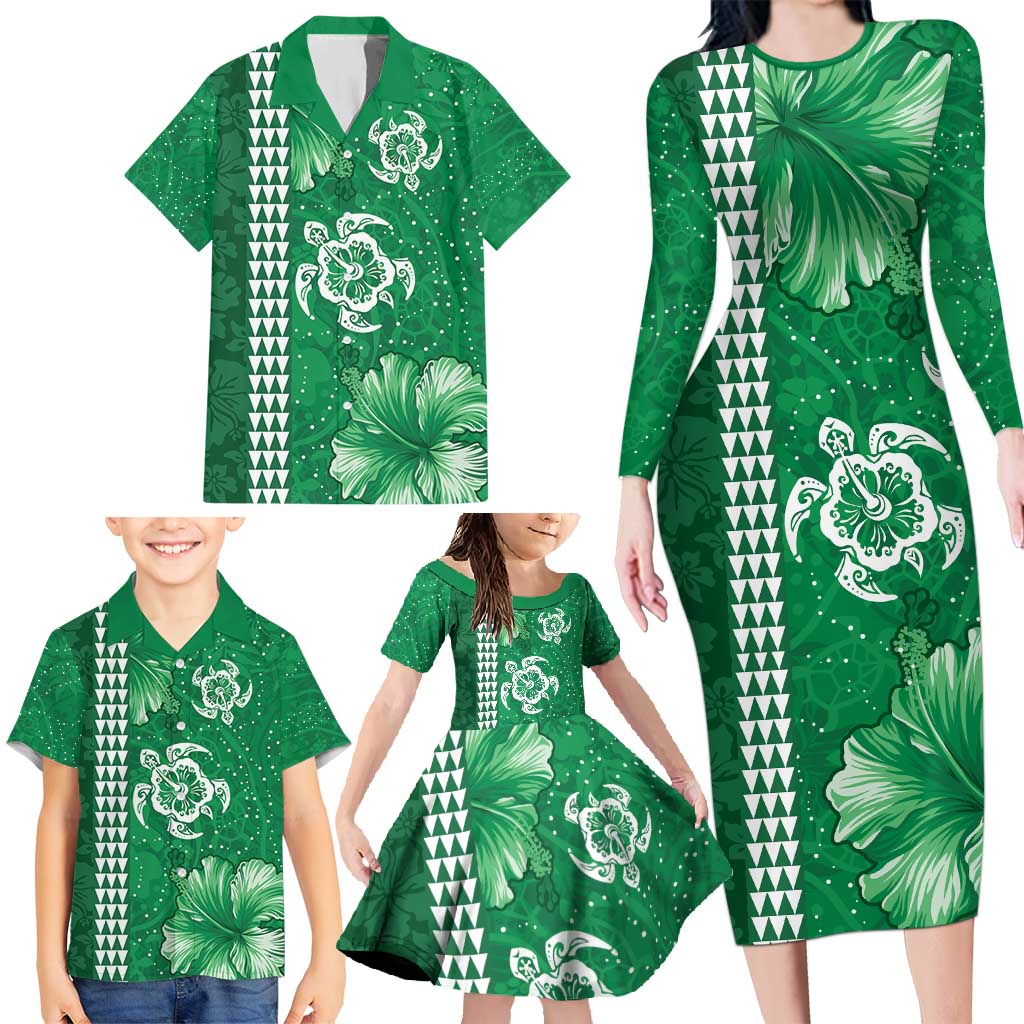 Green Hibiscus Turle Family Matching Long Sleeve Bodycon Dress and Hawaiian Shirt Hawaiian Style Tribal Tapa Pattern LT9 - Polynesian Pride
