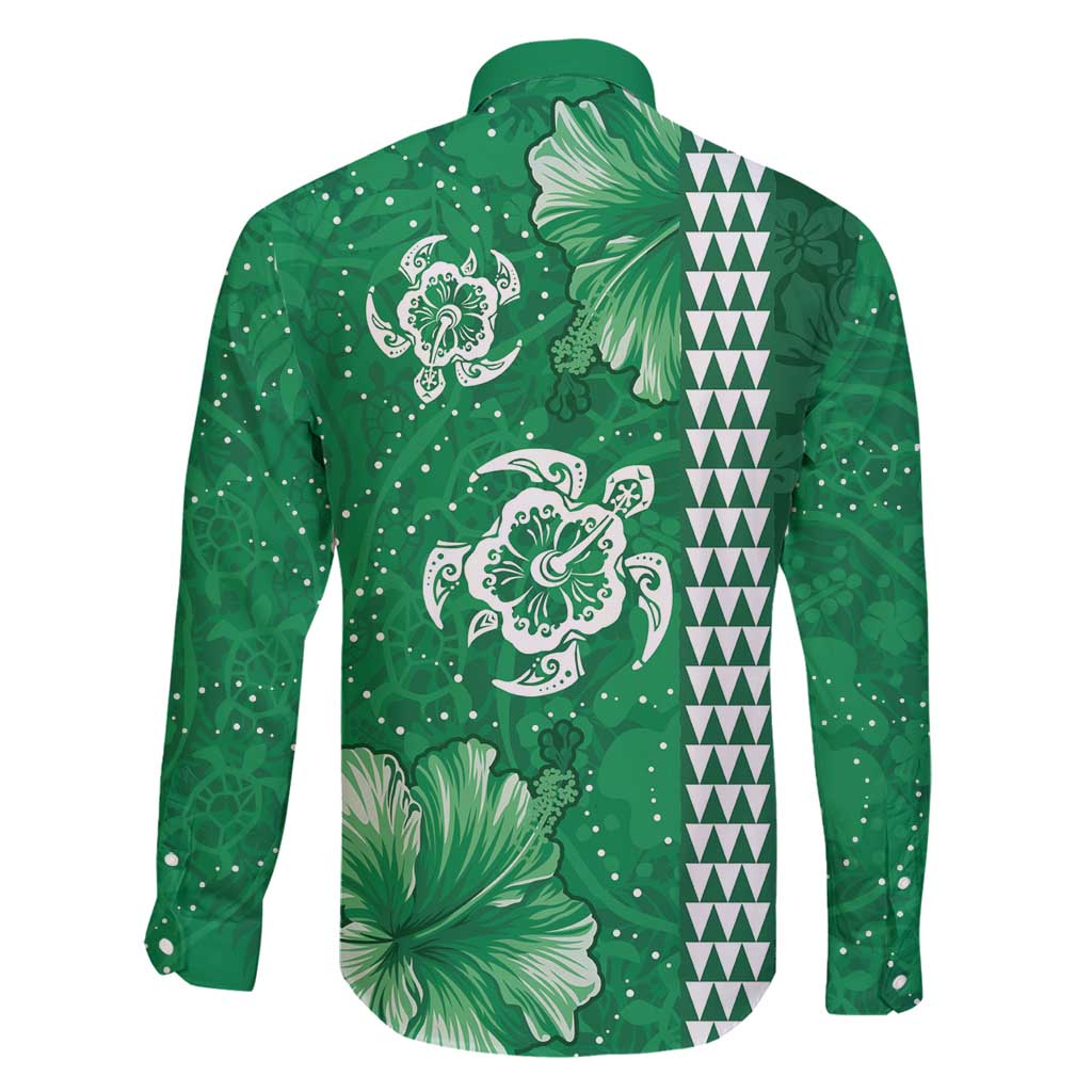 Green Hibiscus Turle Family Matching Long Sleeve Bodycon Dress and Hawaiian Shirt Hawaiian Style Tribal Tapa Pattern LT9 - Polynesian Pride