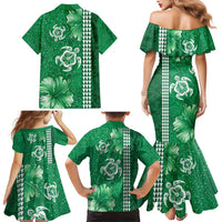 Green Hibiscus Turle Family Matching Mermaid Dress and Hawaiian Shirt Hawaiian Style Tribal Tapa Pattern LT9 - Polynesian Pride