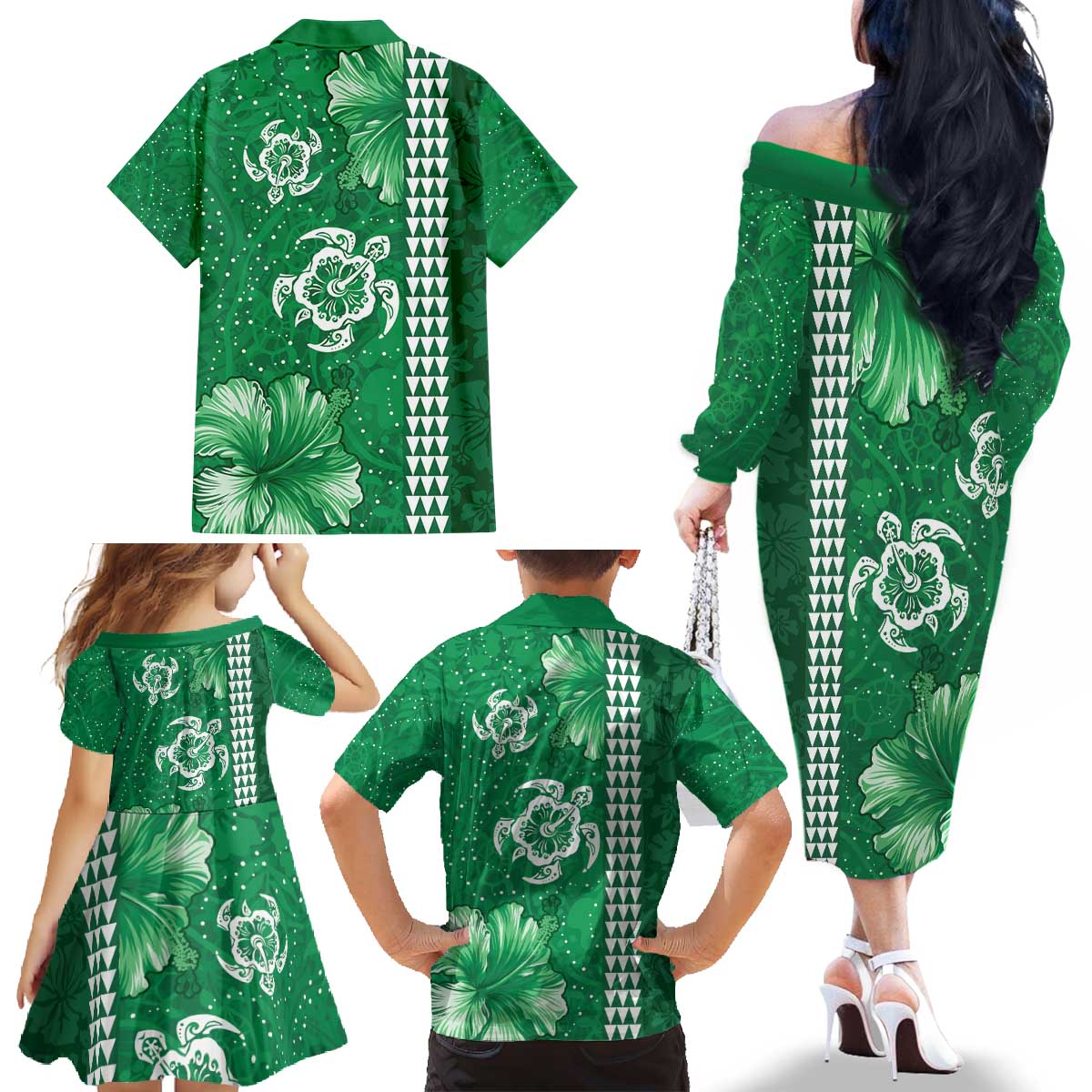 Green Hibiscus Turle Family Matching Off The Shoulder Long Sleeve Dress and Hawaiian Shirt Hawaiian Style Tribal Tapa Pattern LT9 - Polynesian Pride