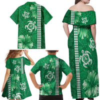 Green Hibiscus Turle Family Matching Off Shoulder Maxi Dress and Hawaiian Shirt Hawaiian Style Tribal Tapa Pattern LT9 - Polynesian Pride
