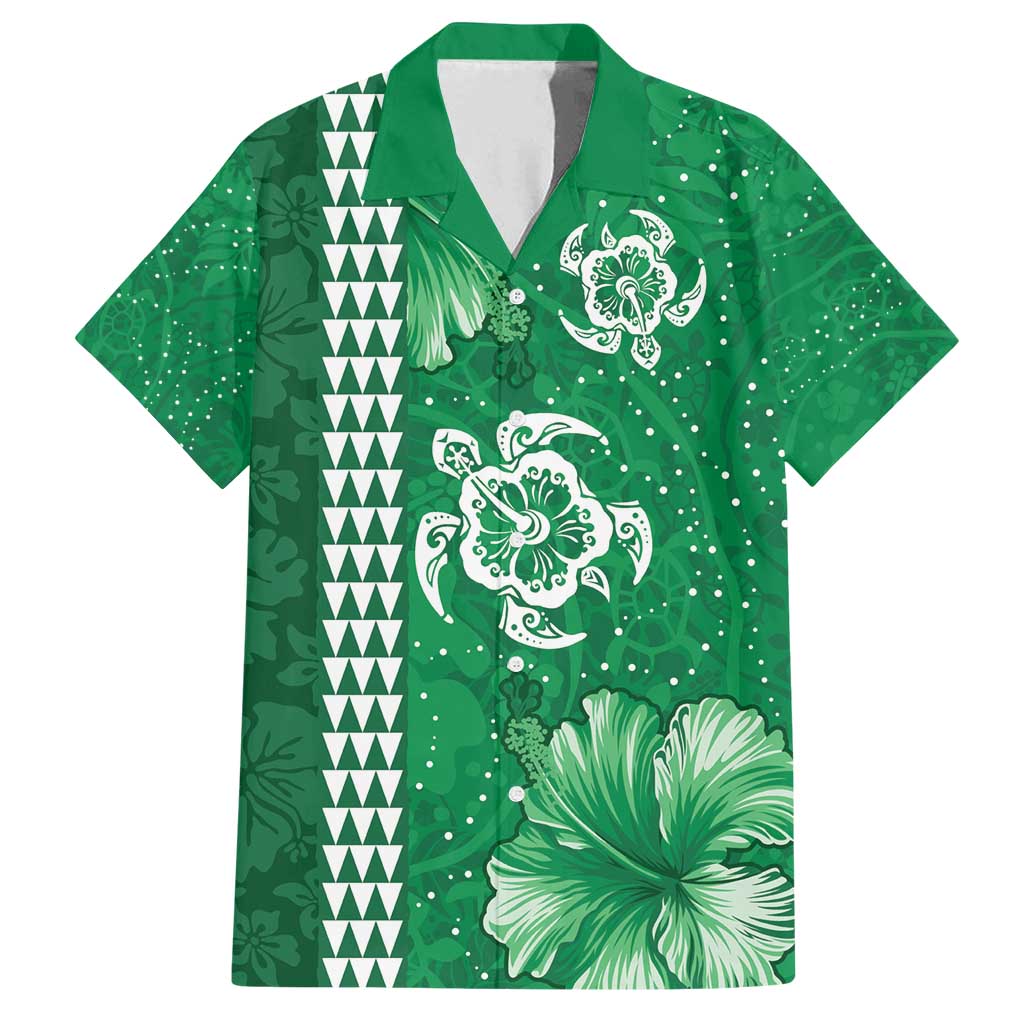 Green Hibiscus Turle Family Matching Off Shoulder Maxi Dress and Hawaiian Shirt Hawaiian Style Tribal Tapa Pattern LT9 Dad's Shirt - Short Sleeve Green - Polynesian Pride
