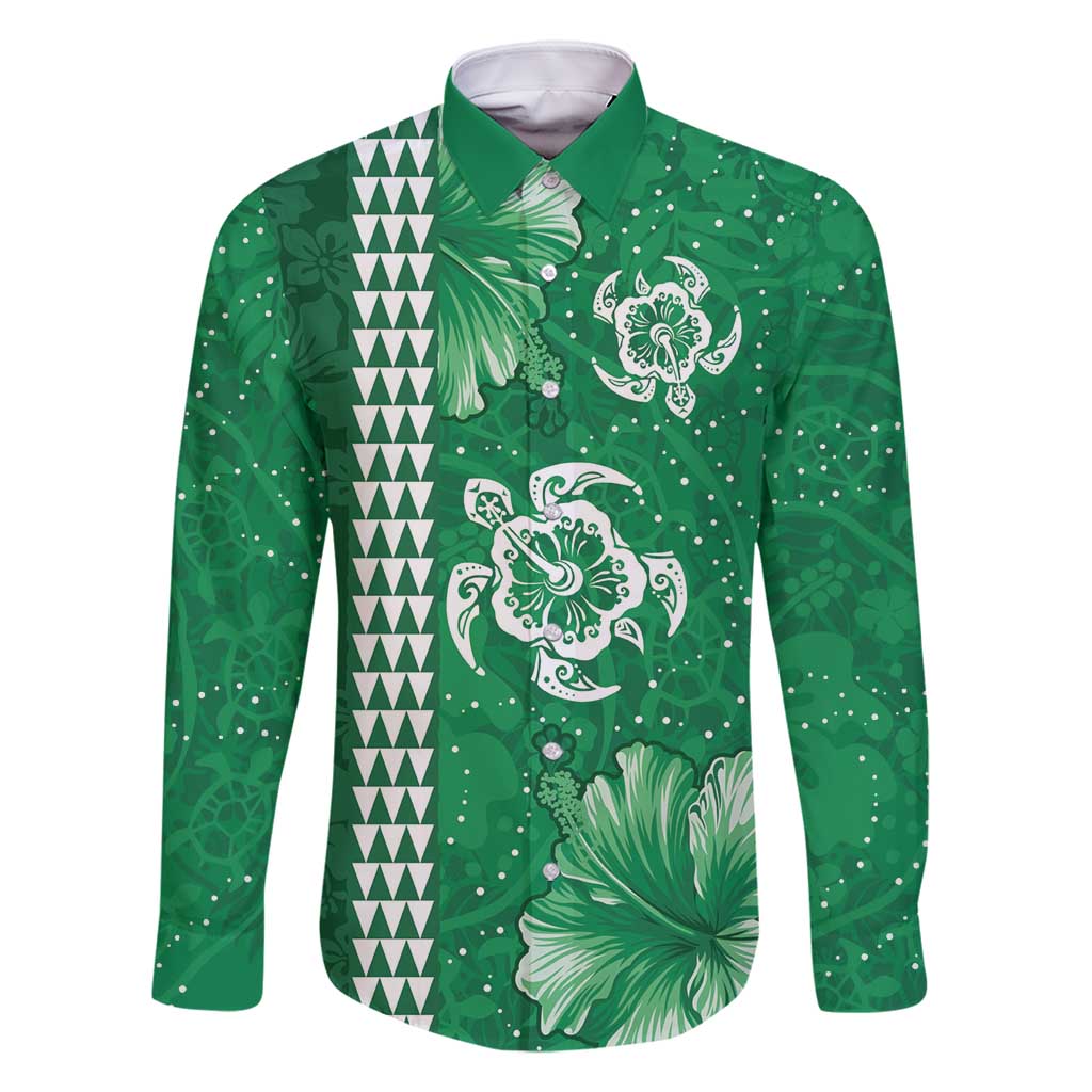 Green Hibiscus Turle Family Matching Off Shoulder Maxi Dress and Hawaiian Shirt Hawaiian Style Tribal Tapa Pattern LT9 Dad's Shirt - Long Sleeve Green - Polynesian Pride