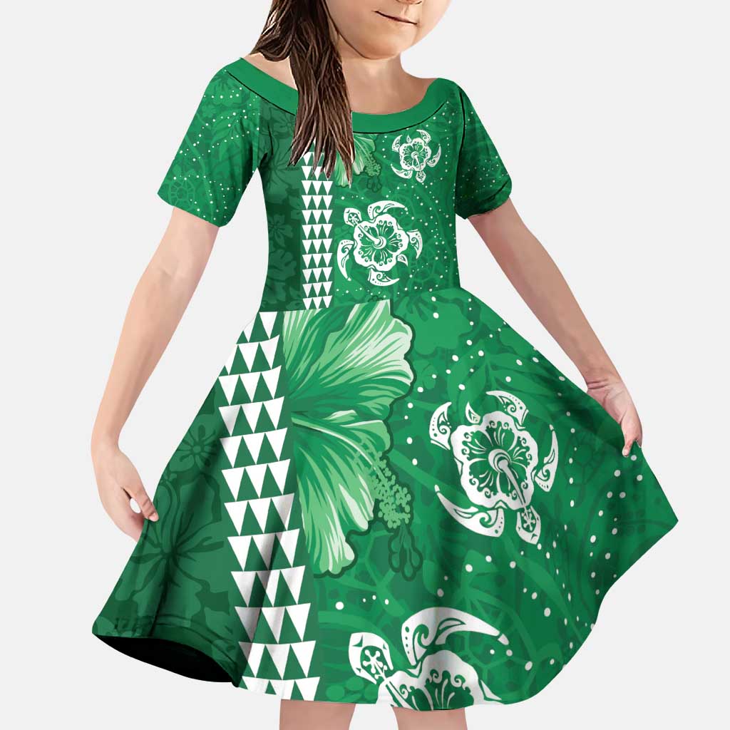 Green Hibiscus Turle Family Matching Puletasi and Hawaiian Shirt Hawaiian Style Tribal Tapa Pattern LT9 Daughter's Dress Green - Polynesian Pride