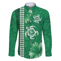 Green Hibiscus Turle Family Matching Short Sleeve Bodycon Dress and Hawaiian Shirt Hawaiian Style Tribal Tapa Pattern LT9 Dad's Shirt - Long Sleeve Green - Polynesian Pride