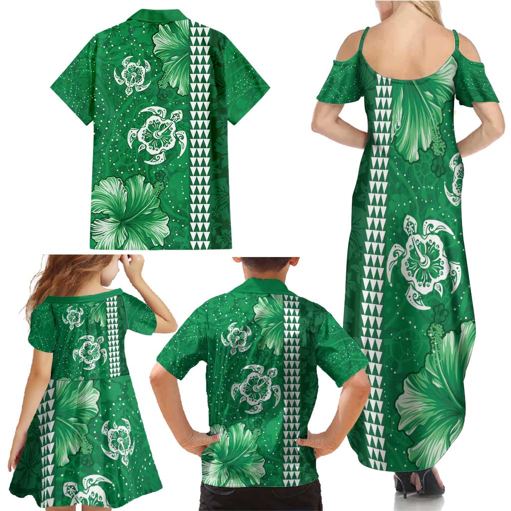 Green Hibiscus Turle Family Matching Summer Maxi Dress and Hawaiian Shirt Hawaiian Style Tribal Tapa Pattern LT9 - Polynesian Pride