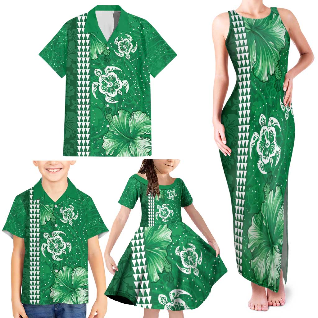 Green Hibiscus Turle Family Matching Tank Maxi Dress and Hawaiian Shirt Hawaiian Style Tribal Tapa Pattern LT9 - Polynesian Pride