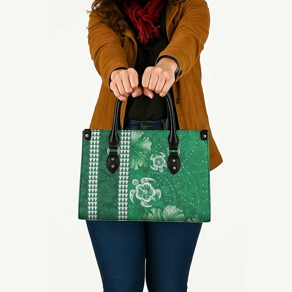 Green Hibiscus Turle Leather Bag Hawaiian Style Tribal Tapa Pattern - Polynesian Pride