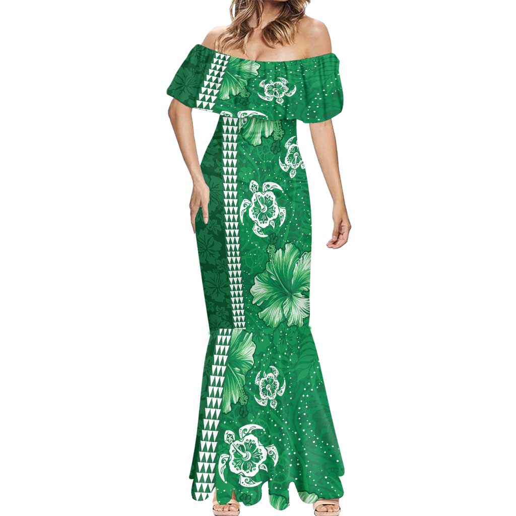 Green Hibiscus Turle Mermaid Dress Hawaiian Style Tribal Tapa Pattern LT9 - Polynesian Pride