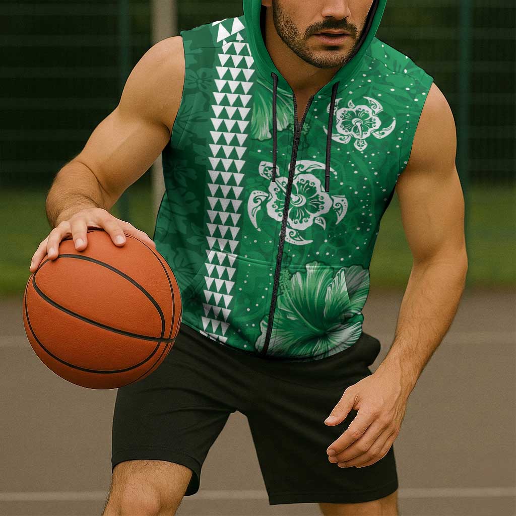 Green Hibiscus Turle Sleeveless Zip Hoodie Hawaiian Style Tribal Tapa Pattern - Polynesian Pride