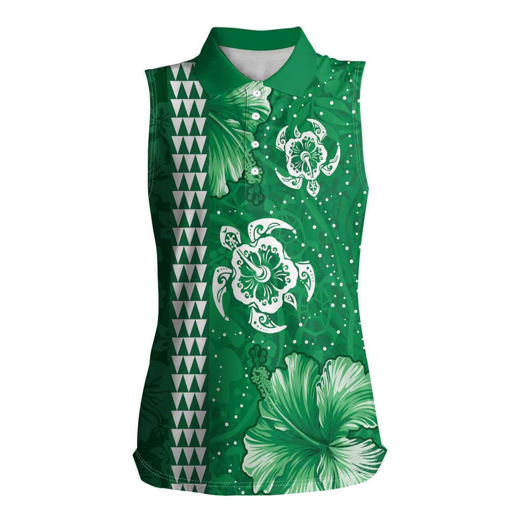 Green Hibiscus Turle Women Sleeveless Polo Shirt Hawaiian Style Tribal Tapa Pattern LT9 Female Green - Polynesian Pride